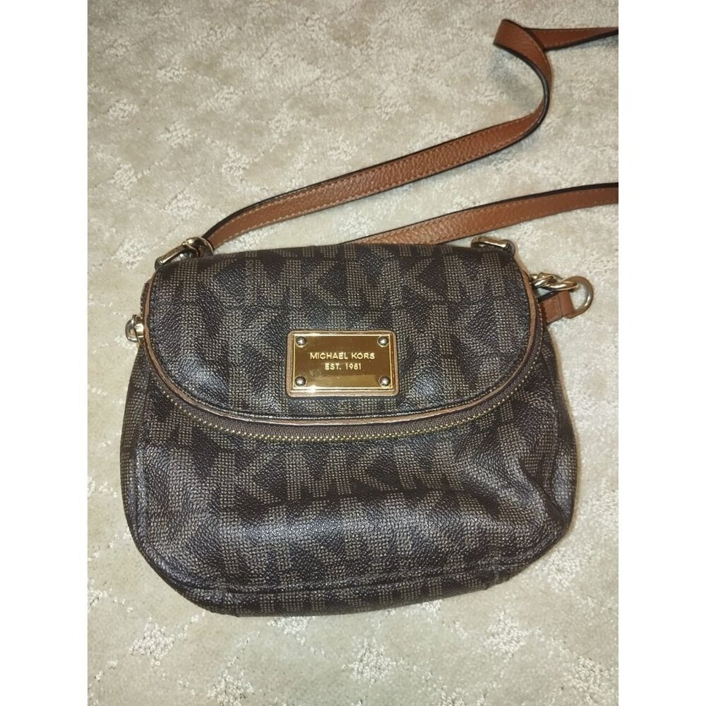 Michael Kors Bedford Flap Crossbody Bag Brown Signature Monogram Gold Plated